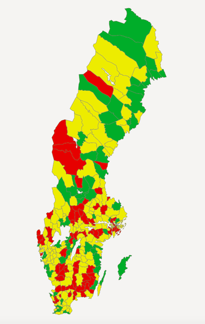 Karta 10. Trångboddhet i flerbostadshus, enligt norm 2, andel (%) (N077907) Kommuner. Riket 18,5 %. 2018. 