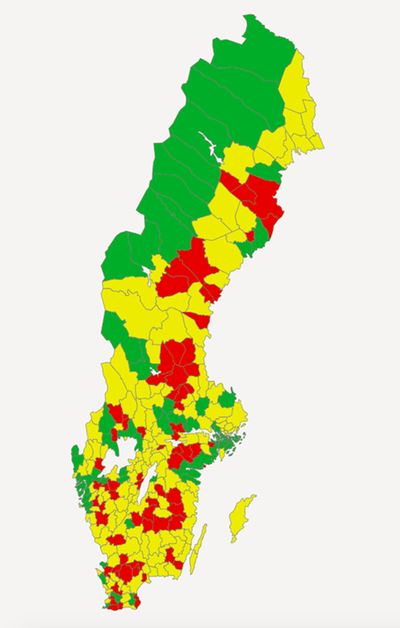 Karta 12. Skyddad natur totalt, andel (%) (N85054). Kommuner. 2018