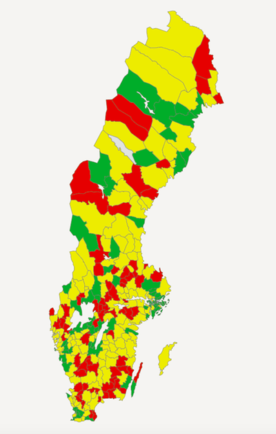 Elever i åk 9 som är behöriga till yrkesprogram, hemkommun, andel (%) (N15428) 2019.