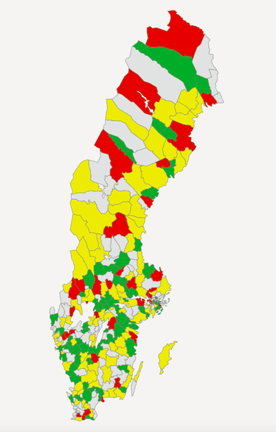 Karta 5: Vattentäkter med vattenskyddsområde, andel (%) (N85069). Kommun. 2018.