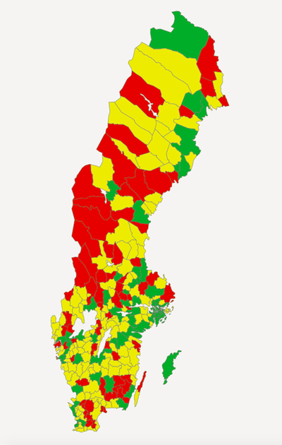 Karta 8. Tillgång till bredband om minst 100 Mbit/s, andel (%) (N07900). Kommuner. 2018. 