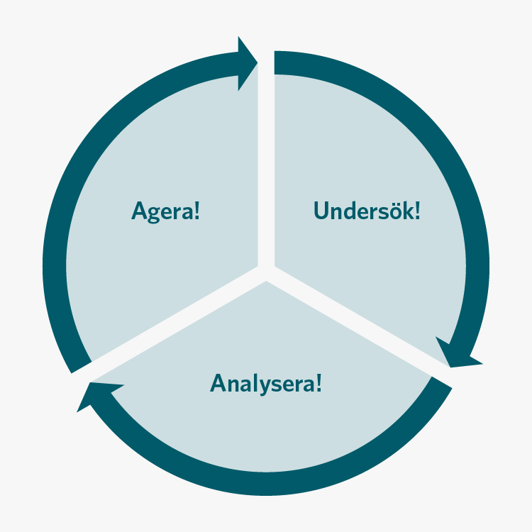 Figuren visar de tre delarna Undersök, Analysera och Agera som utgör processen. Stegen utgör en cirkel, som ska arbetas igenom medsols.