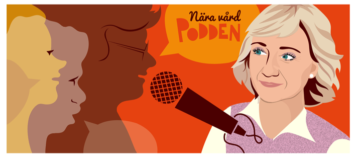 Illustration för Nära vård-podden. Bilden är tecknad och i den syns flera personer som talar in i en mikrofon samtidigt som Lisbeth Löpare Johansson lyssnar på dem.