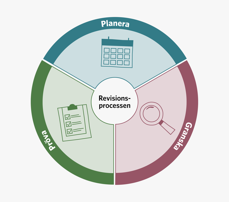  Bilden visar revisionsprocessen i en cirkel med tre lika stora delar. Delarna heter planera, granska och pröva.