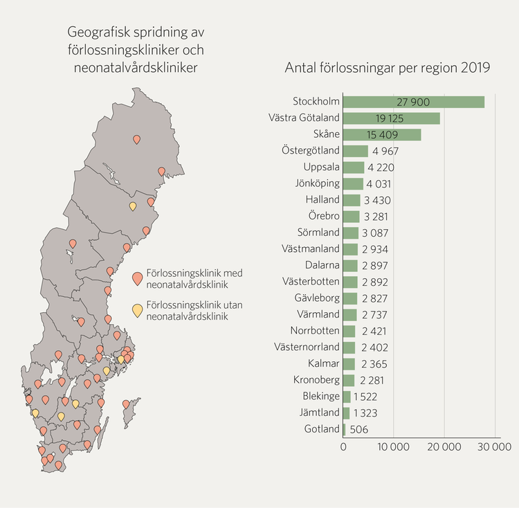 Bilden visar en Sverigekarta med de 21 regionerna. Varje regions förlossningsklinik är utmarkerad. Varje markering visar om förlossningskliniken har en neonatalvårdsklinik eller inte. De sydliga regionerna har fler kliniker än de nordliga